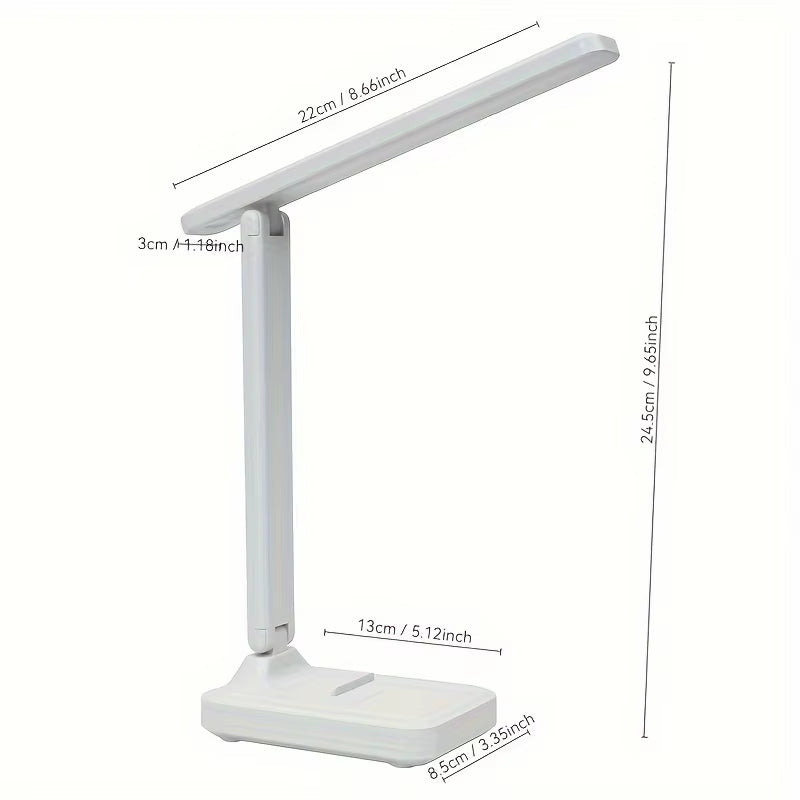 Foldable LED desk lamp with touch controls, for studying, reading, and eye care, with USB connection, dimmable, white light
