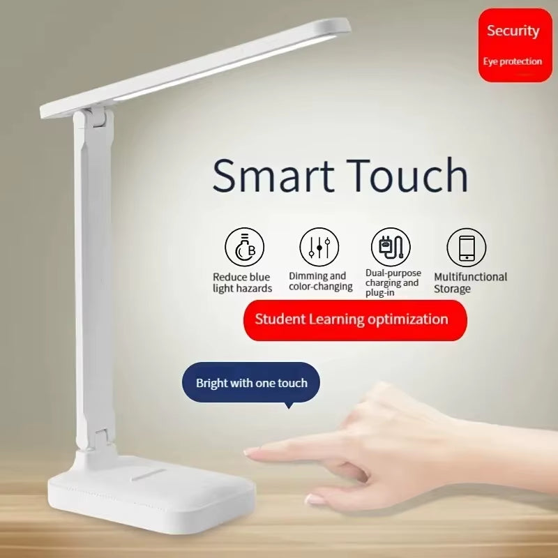 Foldable LED desk lamp with touch controls, for studying, reading, and eye care, with USB connection, dimmable, white light