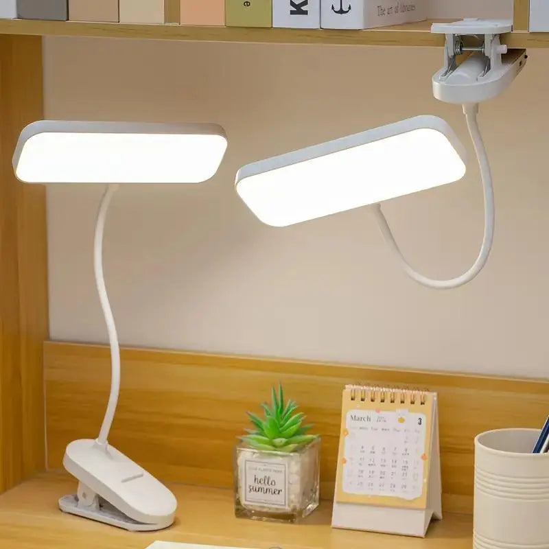 USB-rechargeable LED desk lamp with a clip and touch controls, 3 brightness levels, and adjustable light, warm white