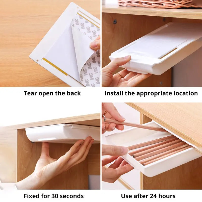 1 white self-adhesive storage box, a tray for makeup pencils and more, which tucks away under the desk