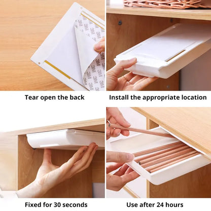 1 white self-adhesive storage box, a tray for makeup pencils and more, which tucks away under the desk