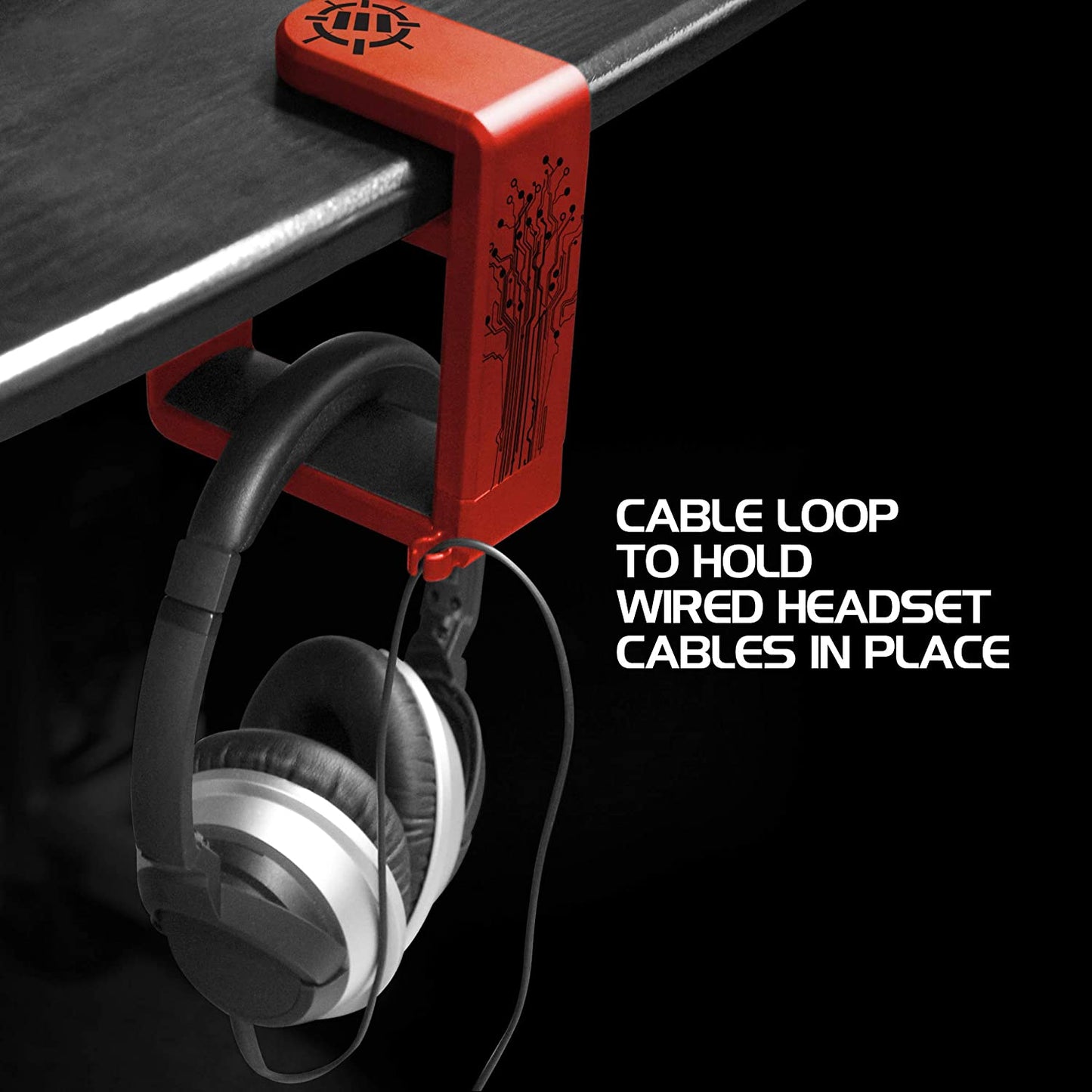 Headphone stand, hook-style clamp for under the desk, universal design - Built-in cable organizer - Red