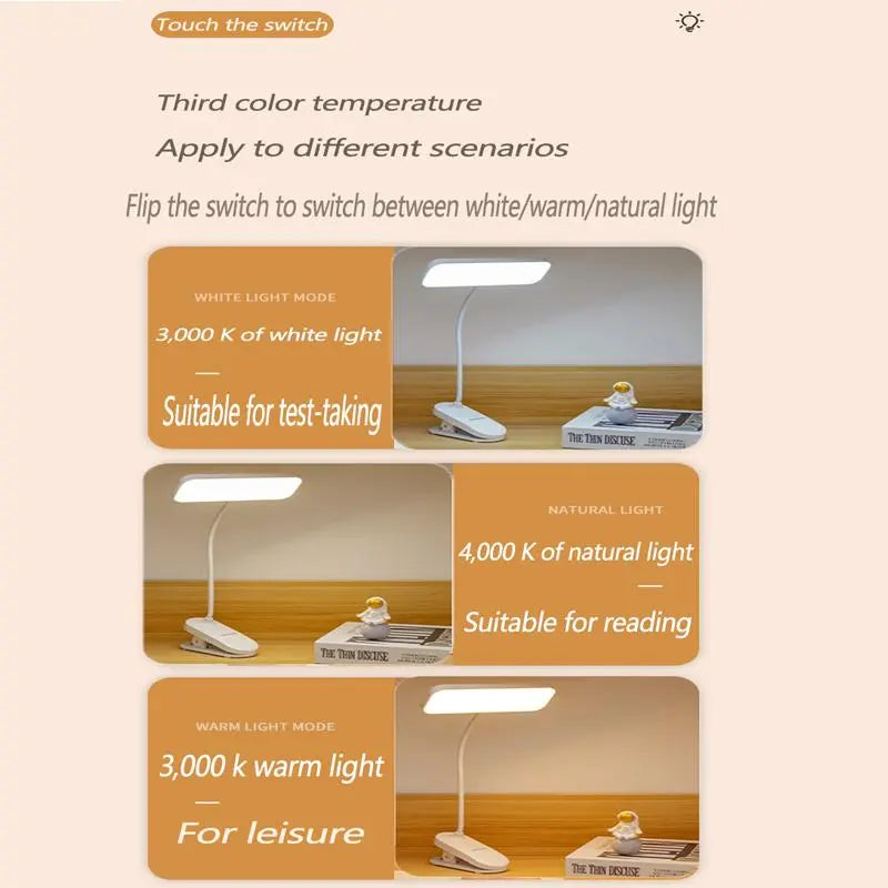 USB-rechargeable LED desk lamp with a clip and touch controls, 3 brightness levels, and adjustable light, warm white