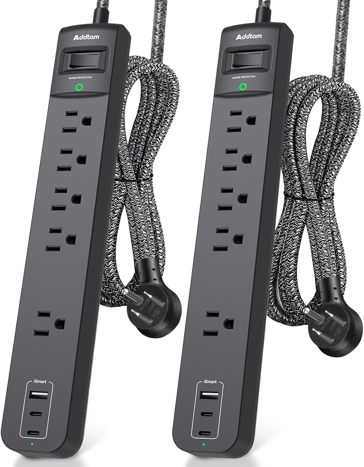 2 Pack Power Strip Surge Protector - 5 Widely Spaced Outlets 3 USB Charging Ports, 1875W/15A 6Ft Braided Extension Cord, Flat Plug 