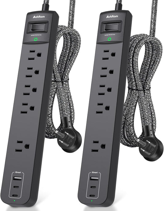 2 Pack Power Strip Surge Protector - 5 Widely Spaced Outlets 3 USB Charging Ports, 1875W/15A 6Ft Braided Extension Cord, Flat Plug 