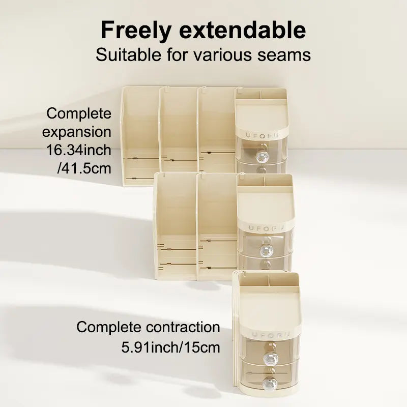 Multifunctional desk organizer with a drawer, pencil holder, shelves, compartments, an organizer box, and space to store folders