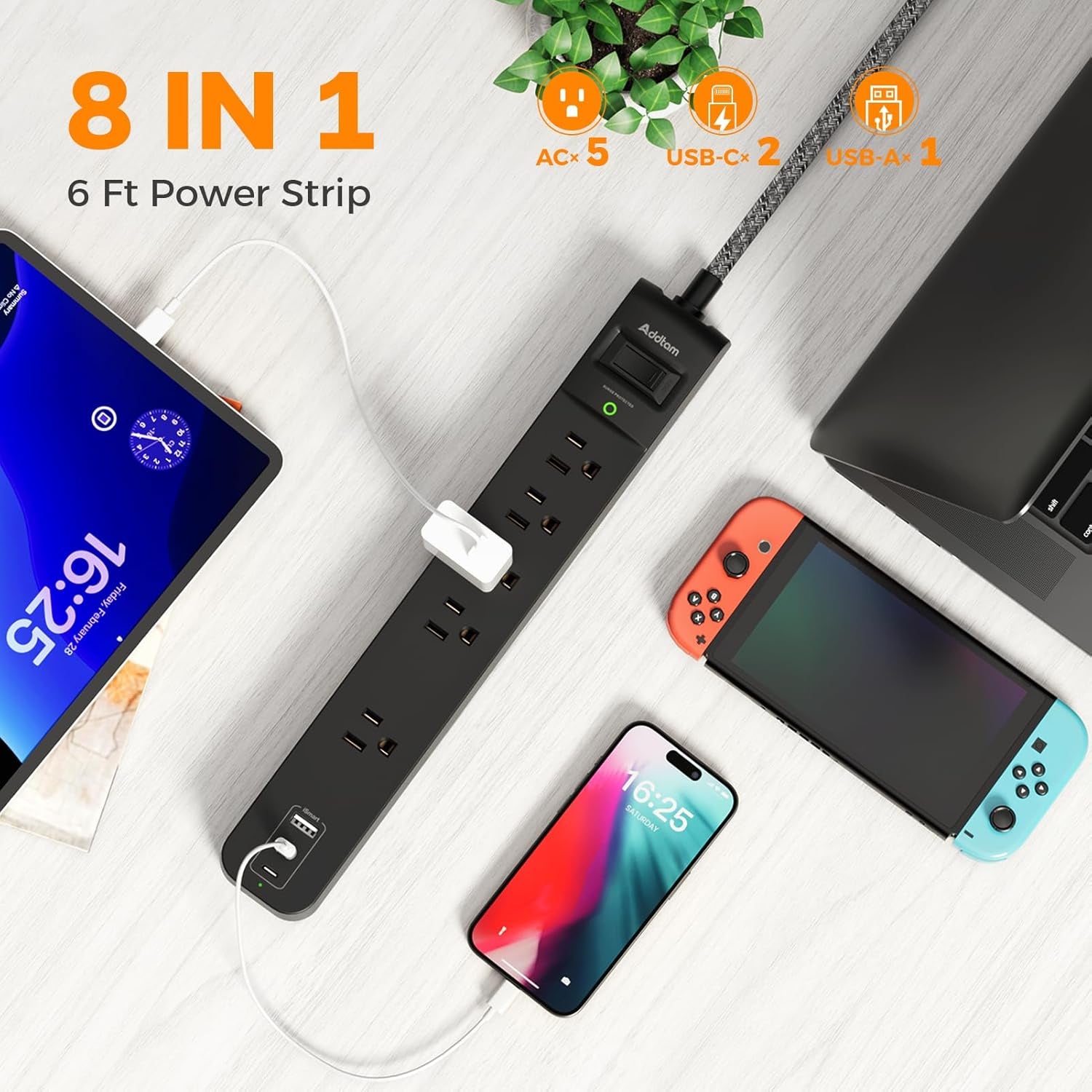 2 Pack Power Strip Surge Protector - 5 Widely Spaced Outlets 3 USB Charging Ports, 1875W/15A 6Ft Braided Extension Cord, Flat Plug 