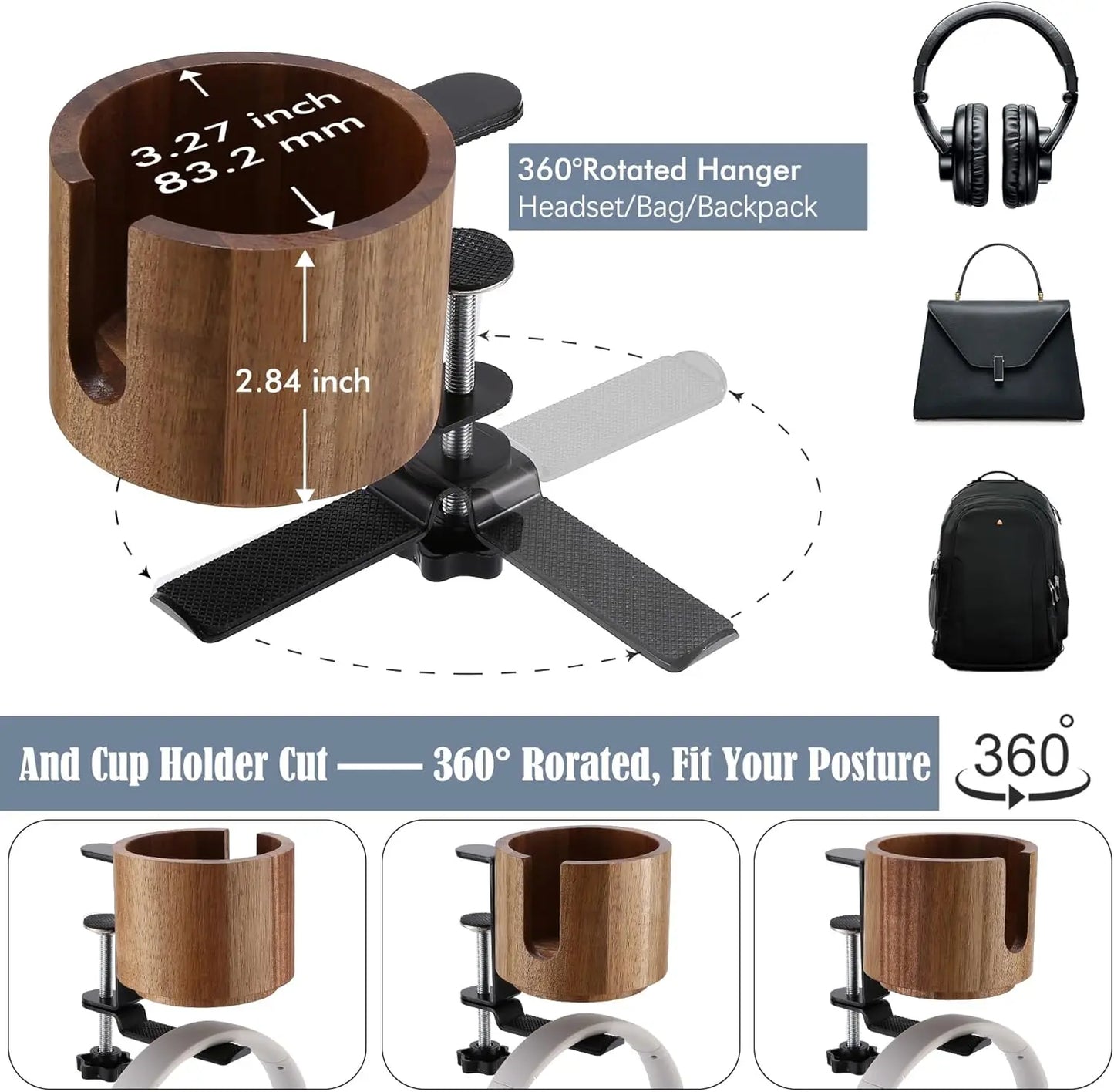 2-in-1 Headphone Holder with 360° Rotation for Under-Desk Use, 360° Spill-Proof Cup Holder