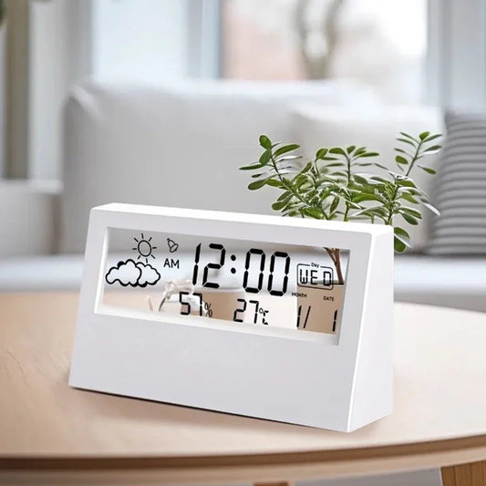 LCD Desktop Alarm Clock Transparent Calendar Weather and Digital Temperature and Humidity Display 