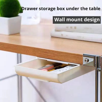 1 white self-adhesive storage box, a tray for makeup pencils and more, which tucks away under the desk