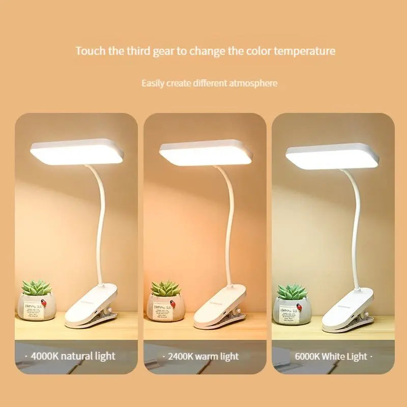 USB-rechargeable LED desk lamp with a clip and touch controls, 3 brightness levels, and adjustable light, warm white