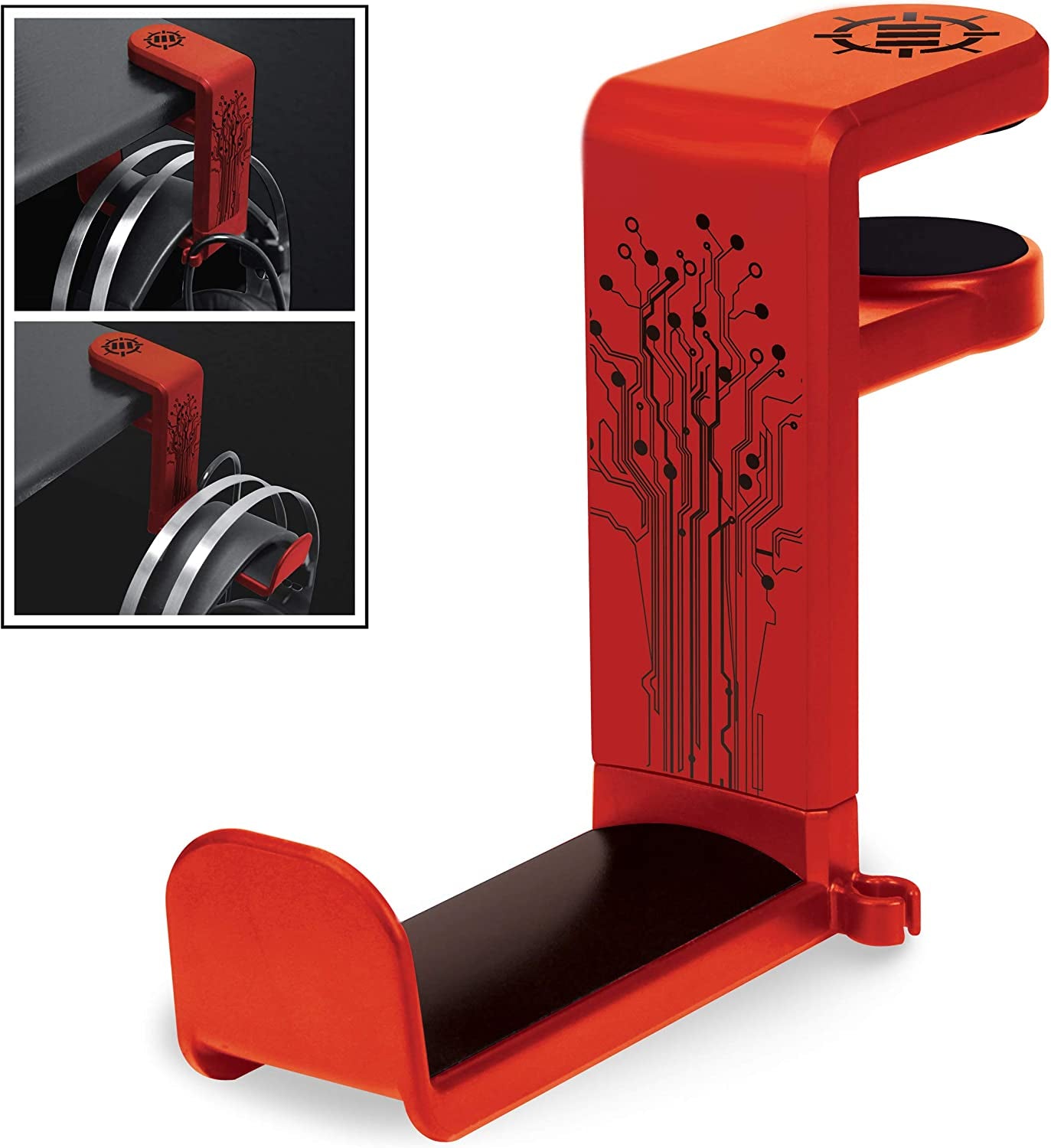 Headphone stand, hook-style clamp for under the desk, universal design - Built-in cable organizer - Red