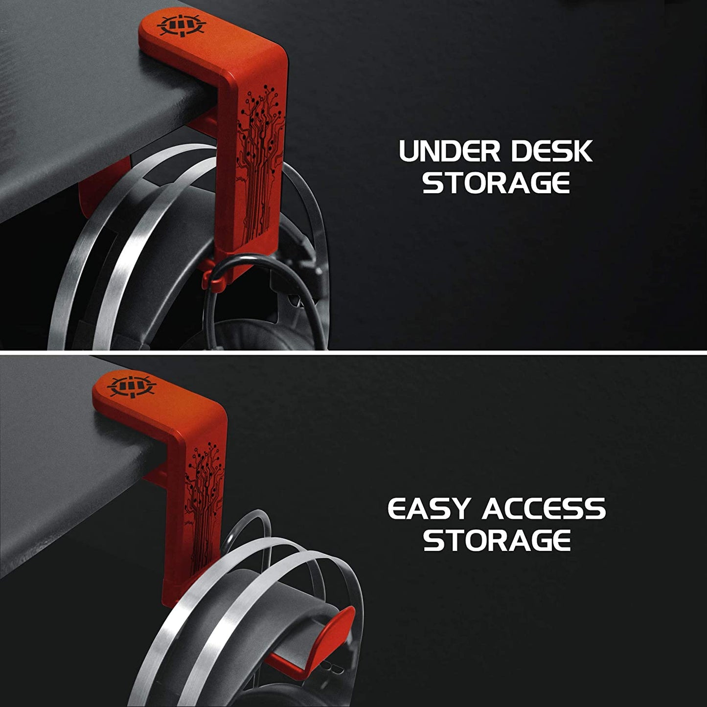 Headphone stand, hook-style clamp for under the desk, universal design - Built-in cable organizer - Red