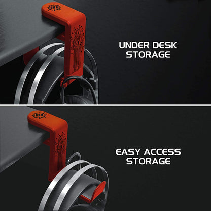 Headphone stand, hook-style clamp for under the desk, universal design - Built-in cable organizer - Red