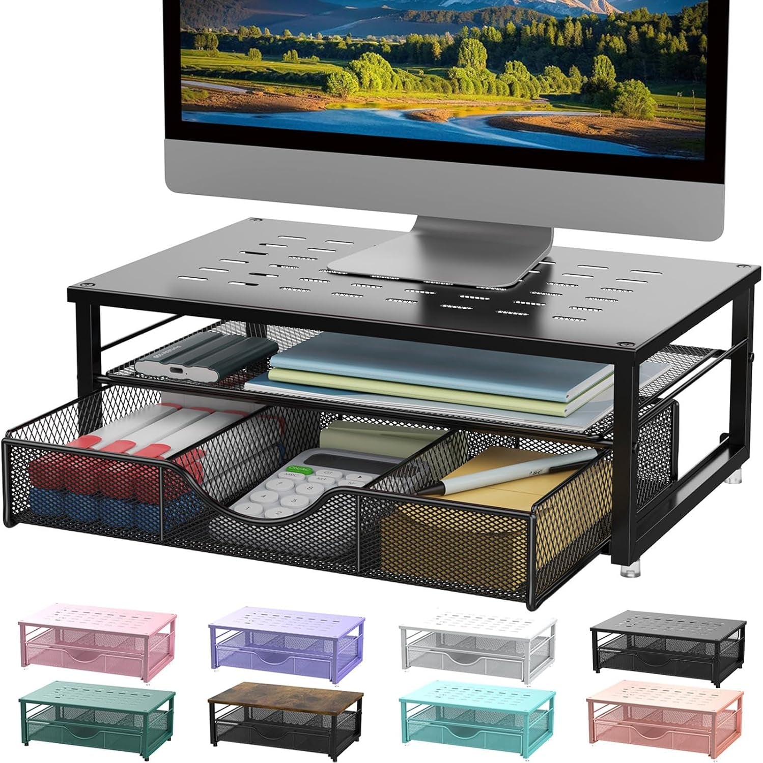 Computer Monitor Stand Riser, Desk Organizers and Accessories with Drawer (Black)