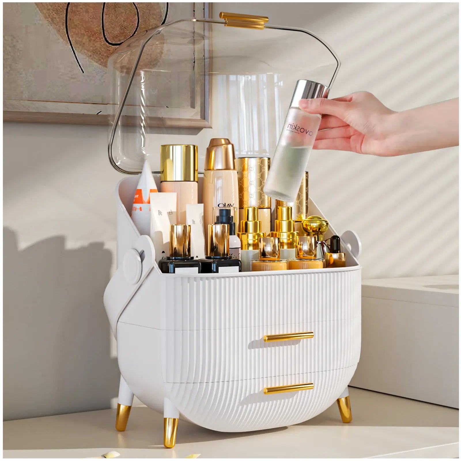 7CODE Makeup Organizer, Cosmetic Display Cases with Clear Lids, White Boxes