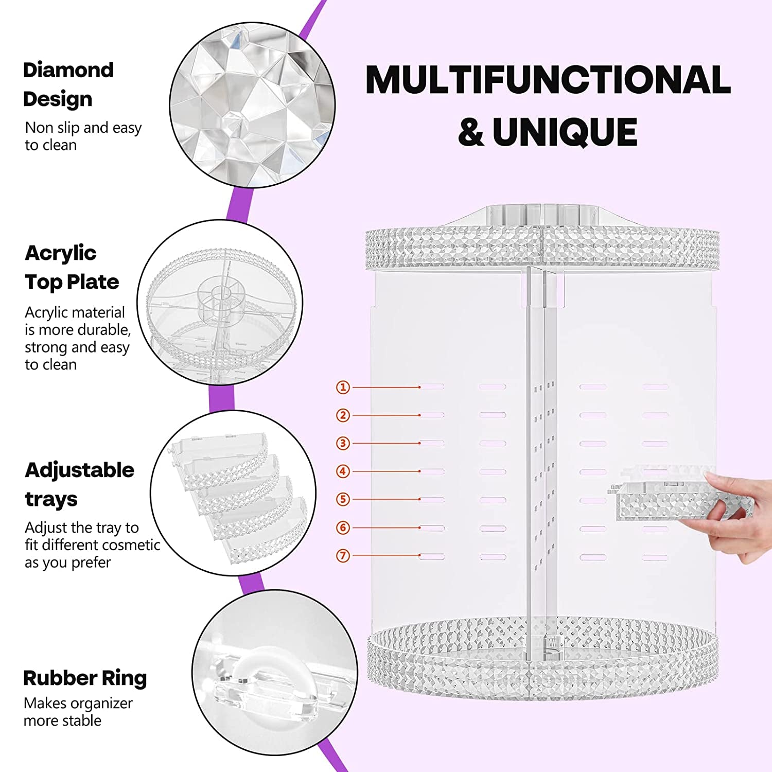 7-tier removable makeup and perfume organizer that can be customized, ideal for a vanity (transparent)
