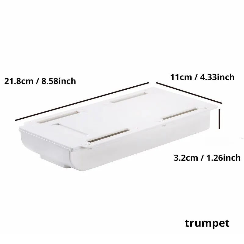 1 white self-adhesive storage box, a tray for makeup pencils and more, which tucks away under the desk