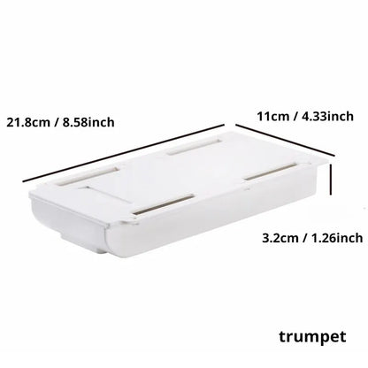 1 white self-adhesive storage box, a tray for makeup pencils and more, which tucks away under the desk