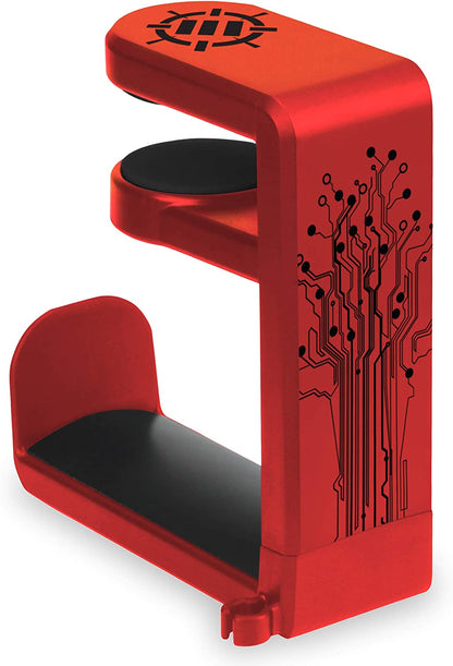 Headphone stand, hook-style clamp for under the desk, universal design - Built-in cable organizer - Red