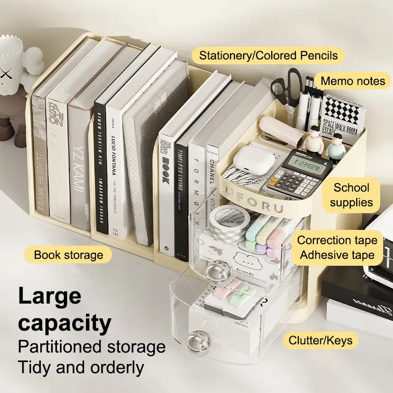 Multifunctional desk organizer with a drawer, pencil holder, shelves, compartments, an organizer box, and space to store folders