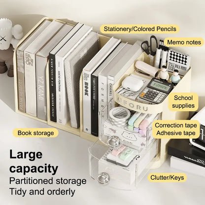Multifunctional desk organizer with a drawer, pencil holder, shelves, compartments, an organizer box, and space to store folders