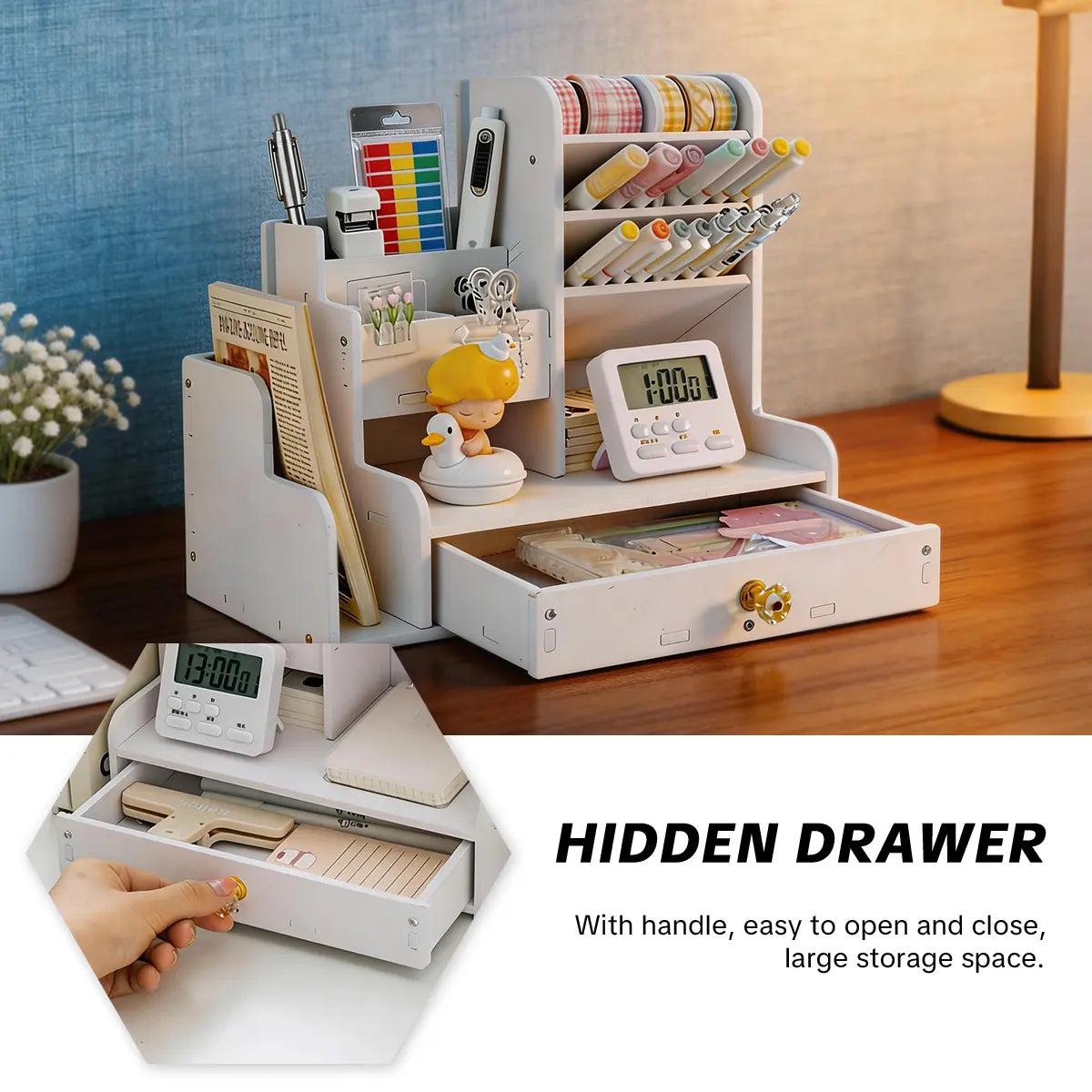 Desk organizer with a drawer and two file shelves