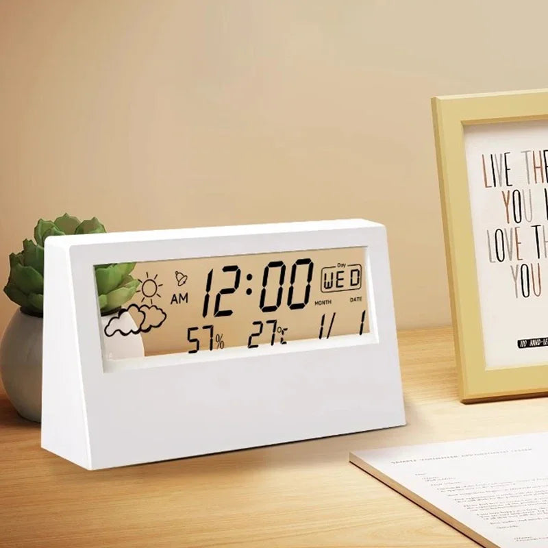 LCD Desktop Alarm Clock Transparent Calendar Weather and Digital Temperature and Humidity Display 
