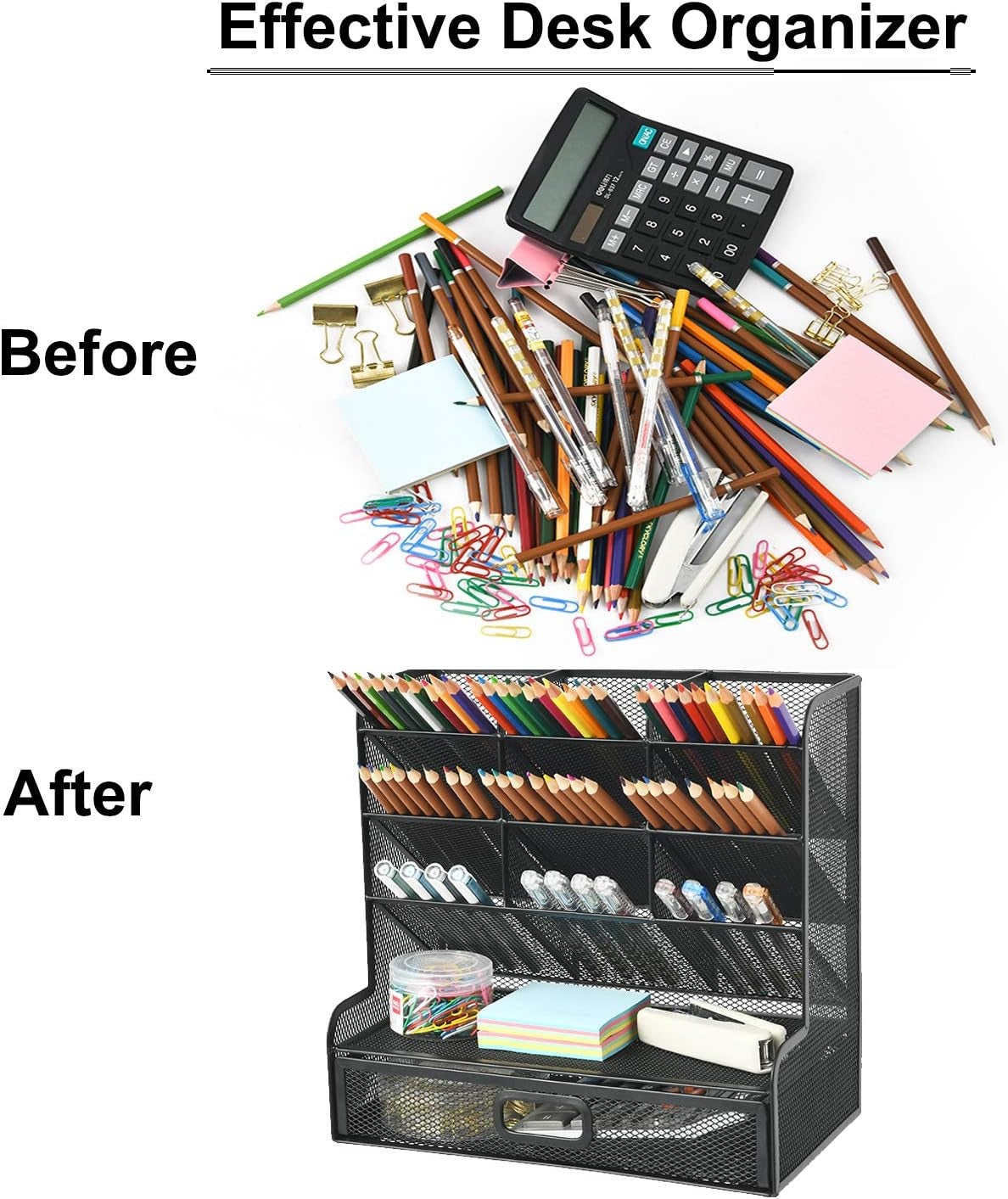 Mesh Pen Holder for Desk, Multi-Functional Pencil Organizer with Drawer (Large Black)