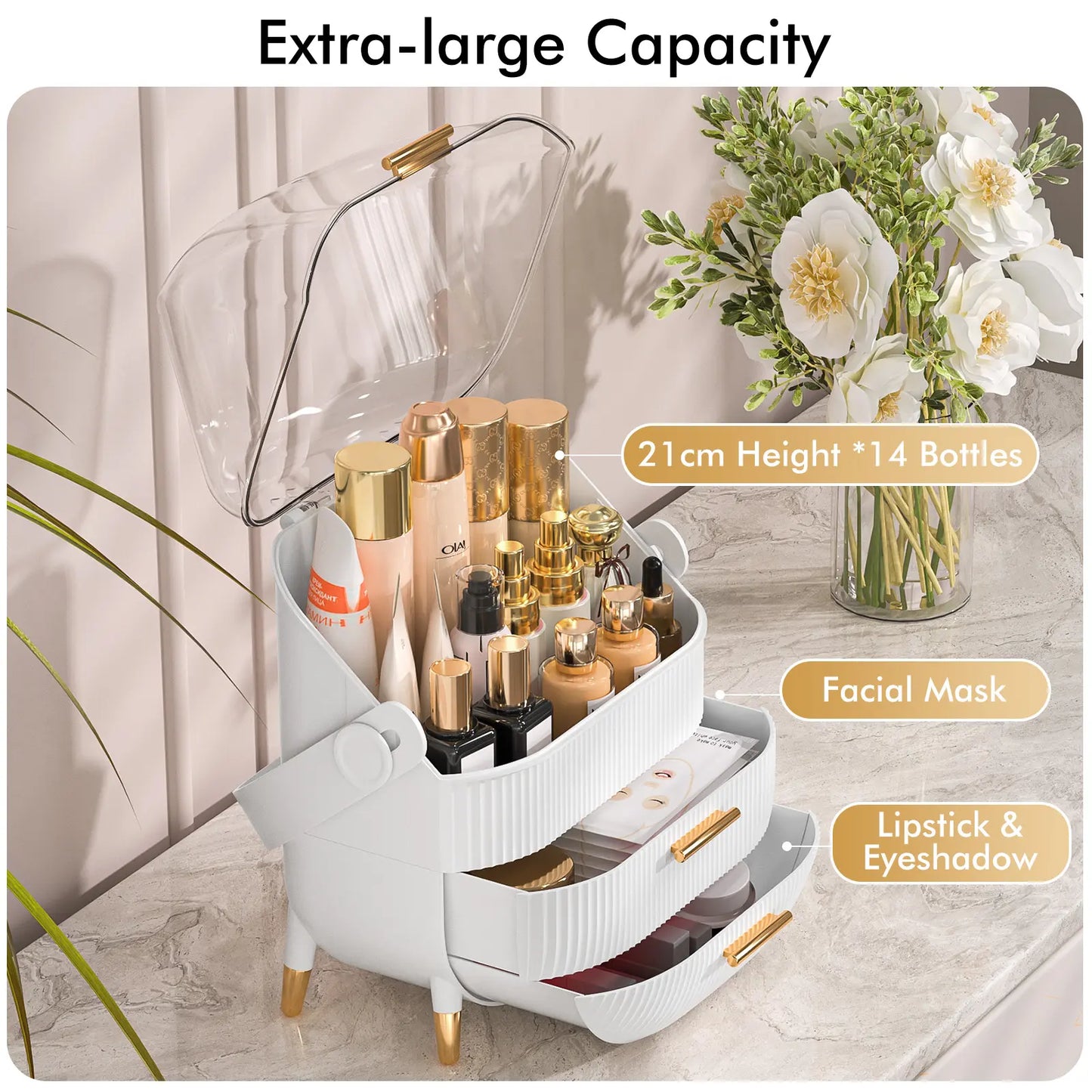 7CODE Makeup Organizer, Cosmetic Display Cases with Clear Lids, White Boxes
