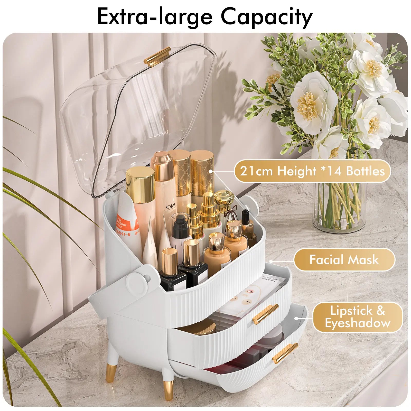 7CODE Makeup Organizer, Cosmetic Display Cases with Clear Lids, White Boxes