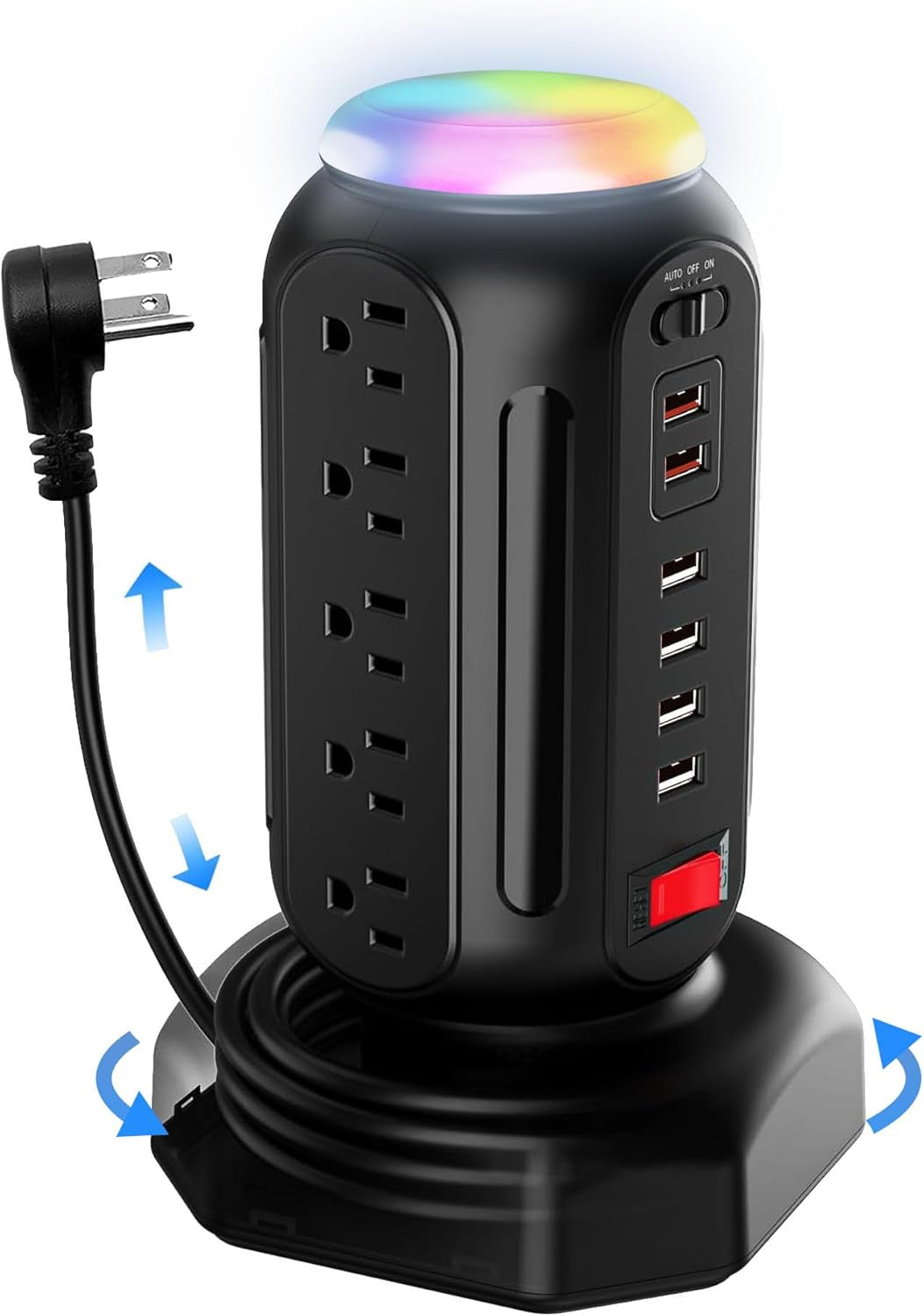 Power Strip with Colorful Night Light, 15 AC Outlets, and 6 Fast-Charging USB Ports, 900 J Surge Protector with Flat Plug on the Right (Black)