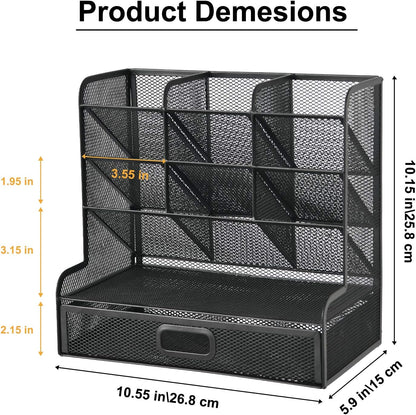 Mesh Pen Holder for Desk, Multi-Functional Pencil Organizer with Drawer (Large Black)