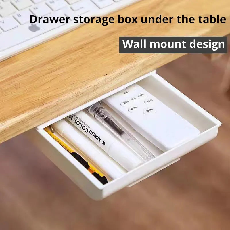 1 white self-adhesive storage box, a tray for makeup pencils and more, which tucks away under the desk