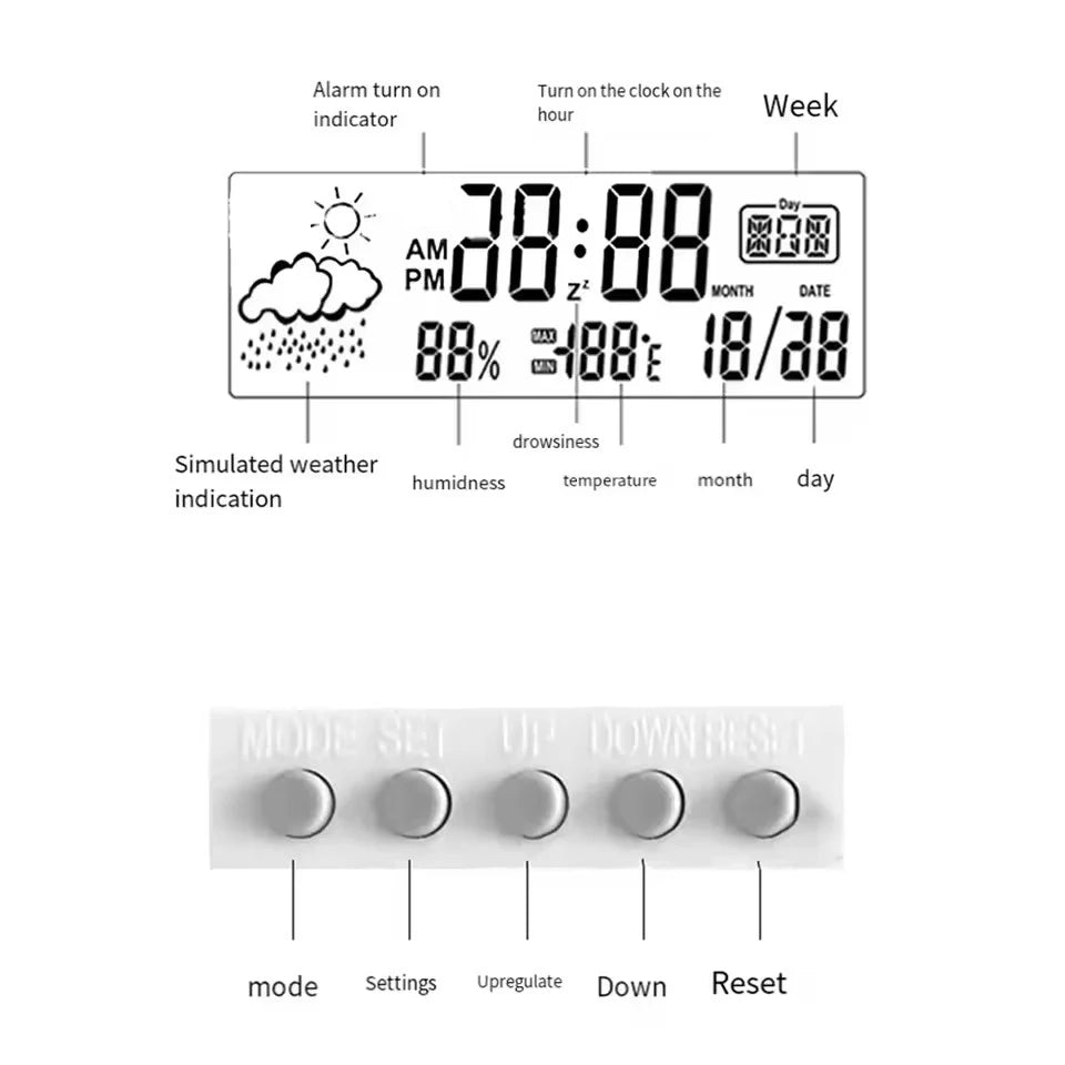 LCD Desktop Alarm Clock Transparent Calendar Weather and Digital Temperature and Humidity Display 