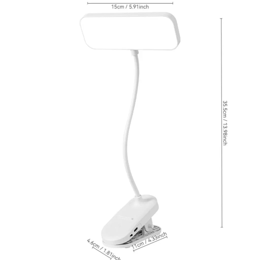 USB-rechargeable LED desk lamp with a clip and touch controls, 3 brightness levels, and adjustable light, warm white
