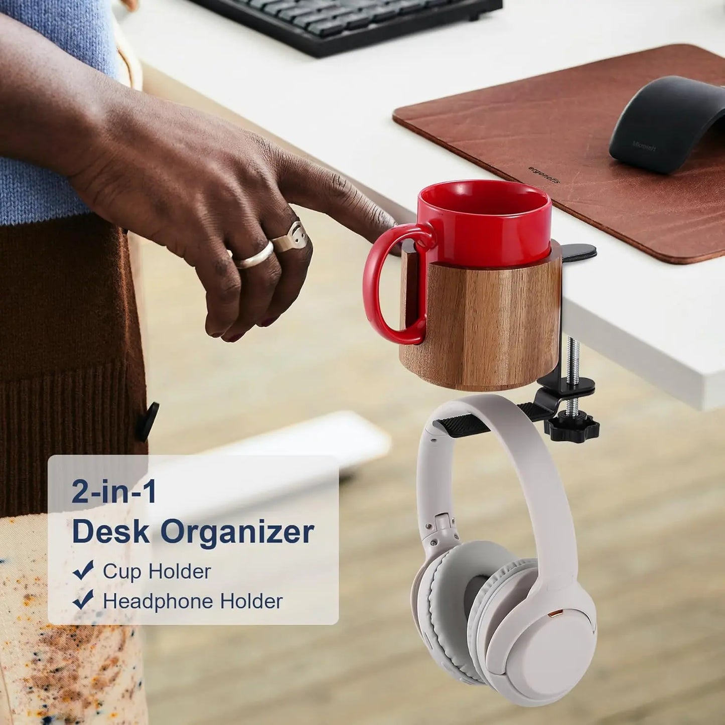 2-in-1 Headphone Holder with 360° Rotation for Under-Desk Use, 360° Spill-Proof Cup Holder