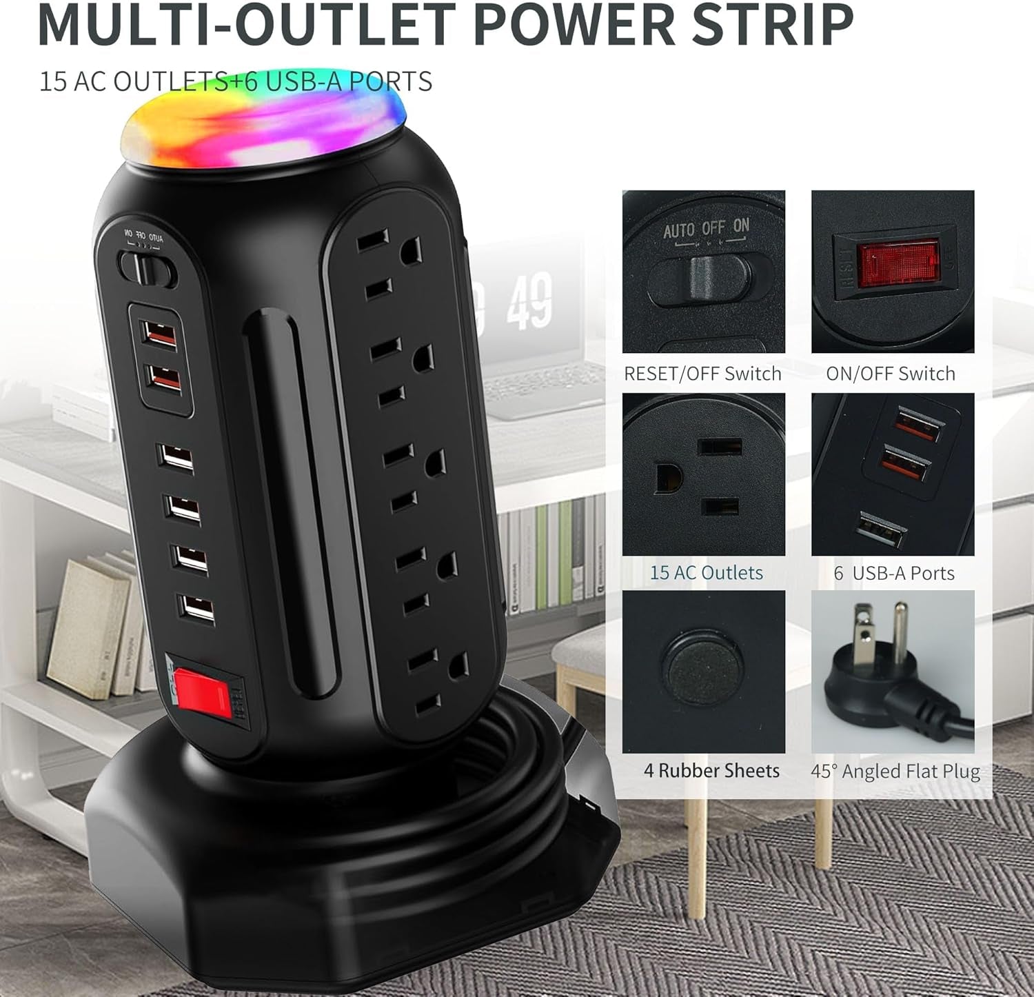 Power Strip with Colorful Night Light, 15 AC Outlets, and 6 Fast-Charging USB Ports, 900 J Surge Protector with Flat Plug on the Right (Black)