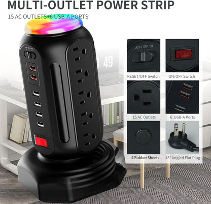 Power Strip with Colorful Night Light, 15 AC Outlets, and 6 Fast-Charging USB Ports, 900 J Surge Protector with Flat Plug on the Right (Black)