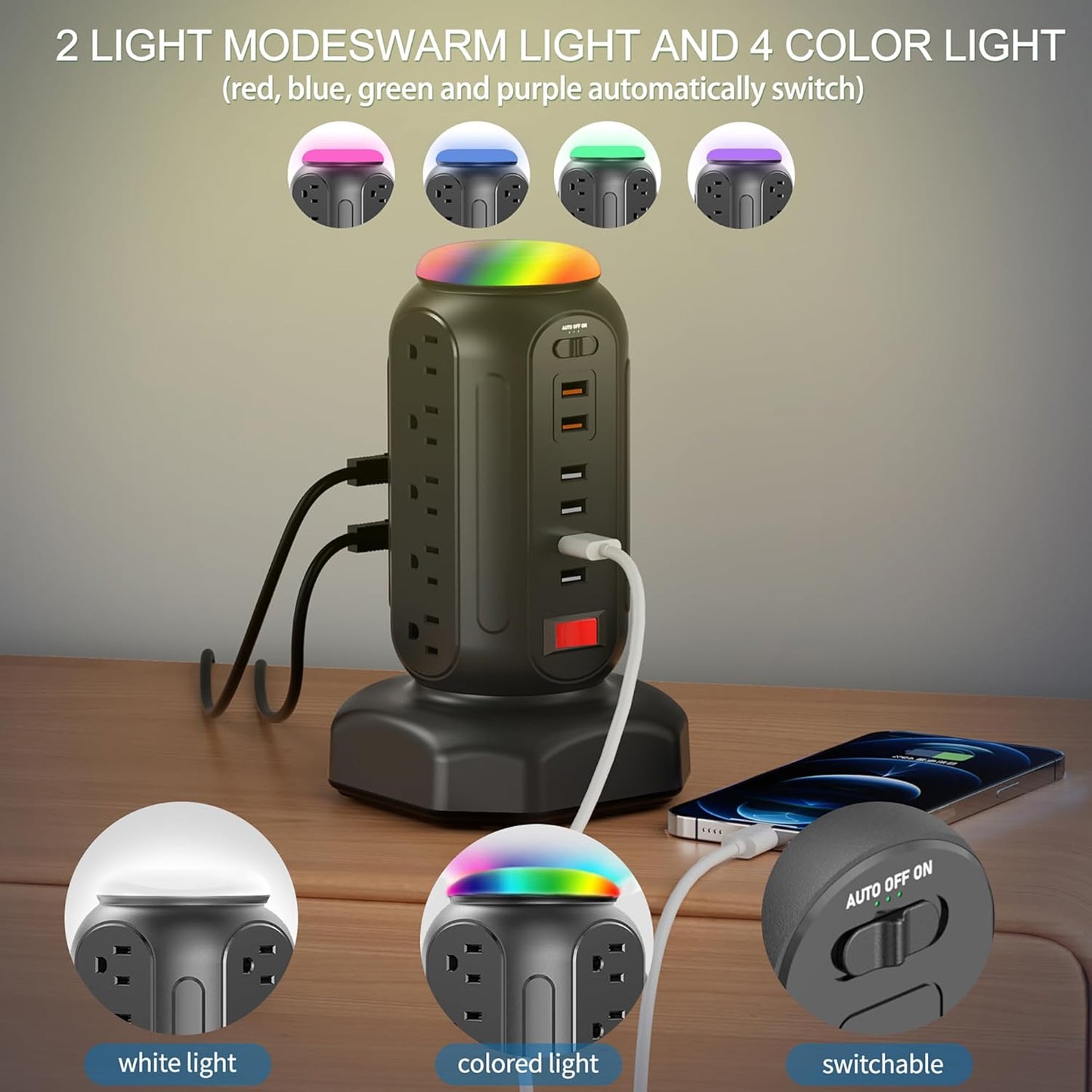Power Strip with Colorful Night Light, 15 AC Outlets, and 6 Fast-Charging USB Ports, 900 J Surge Protector with Flat Plug on the Right (Black)
