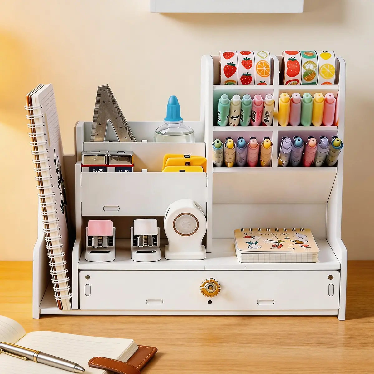 Desk organizer with a drawer and two file shelves