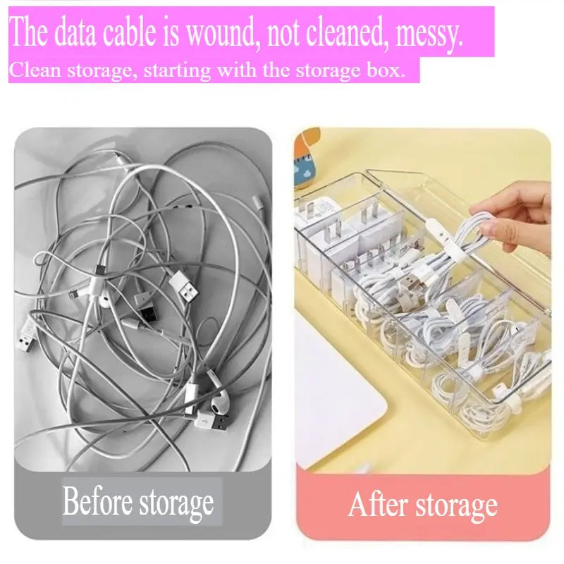 Clear plastic container for storing cables 
