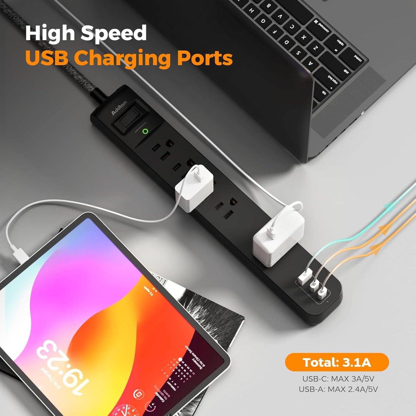 2 Pack Power Strip Surge Protector - 5 Widely Spaced Outlets 3 USB Charging Ports, 1875W/15A 6Ft Braided Extension Cord, Flat Plug 