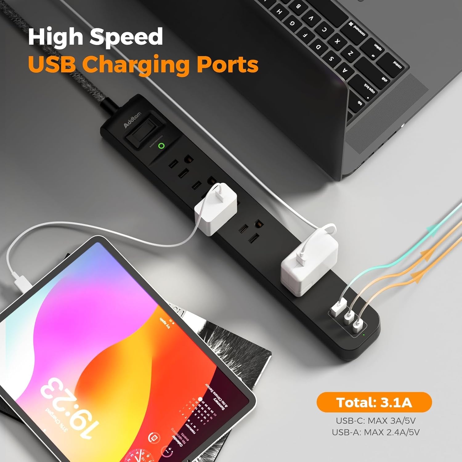 2 Pack Power Strip Surge Protector - 5 Widely Spaced Outlets 3 USB Charging Ports, 1875W/15A 6Ft Braided Extension Cord, Flat Plug 