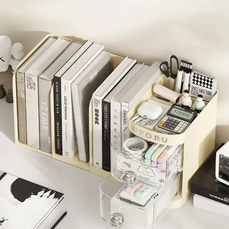 Multifunctional desk organizer with a drawer, pencil holder, shelves, compartments, an organizer box, and space to store folders
